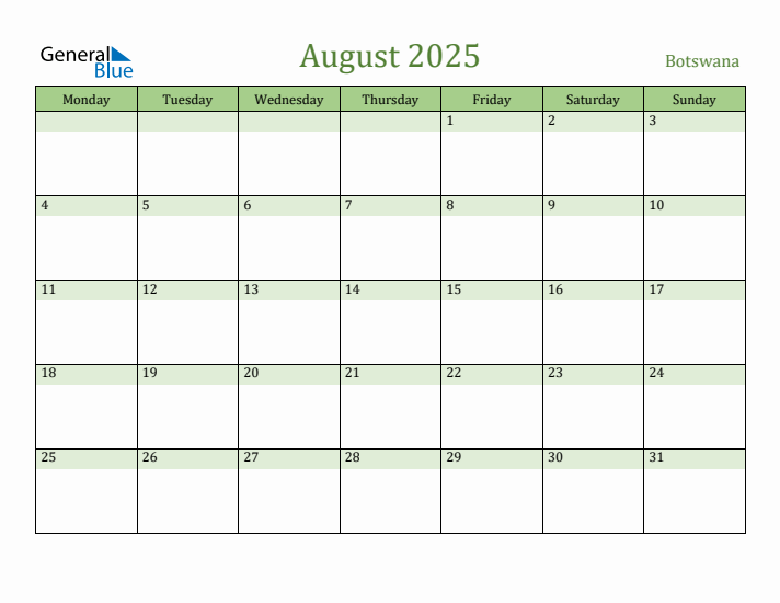 August 2025 Calendar with Botswana Holidays