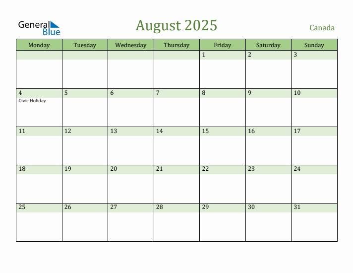 Fillable Holiday Calendar for Canada August 2025