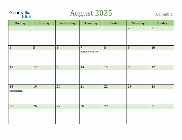 August 2025 Calendar with Colombia Holidays