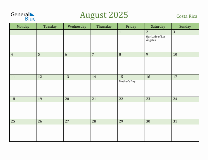 August 2025 Calendar with Costa Rica Holidays