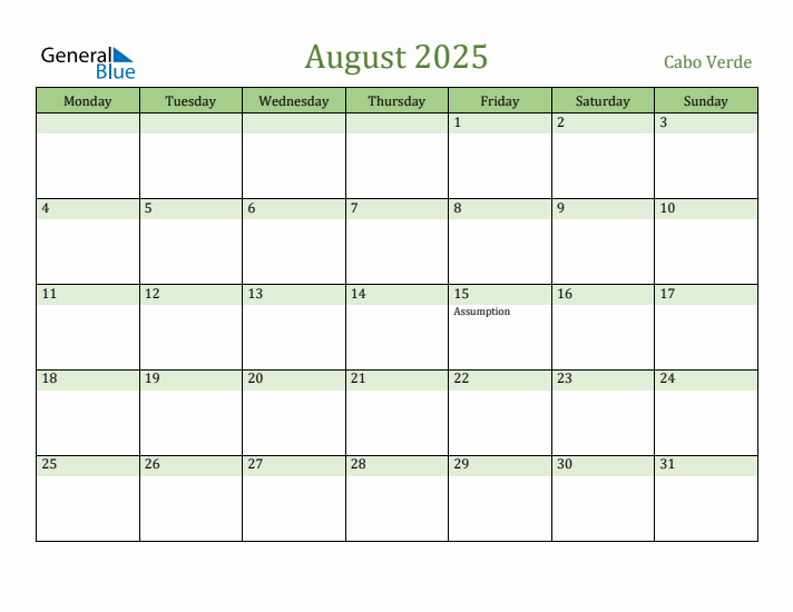 August 2025 Calendar with Cabo Verde Holidays