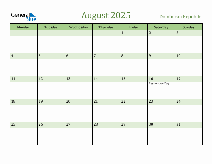 August 2025 Calendar with Dominican Republic Holidays