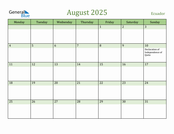 August 2025 Calendar with Ecuador Holidays