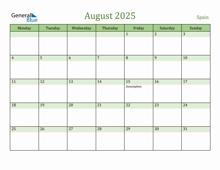 August 2025 Spain Monthly Calendar with Holidays