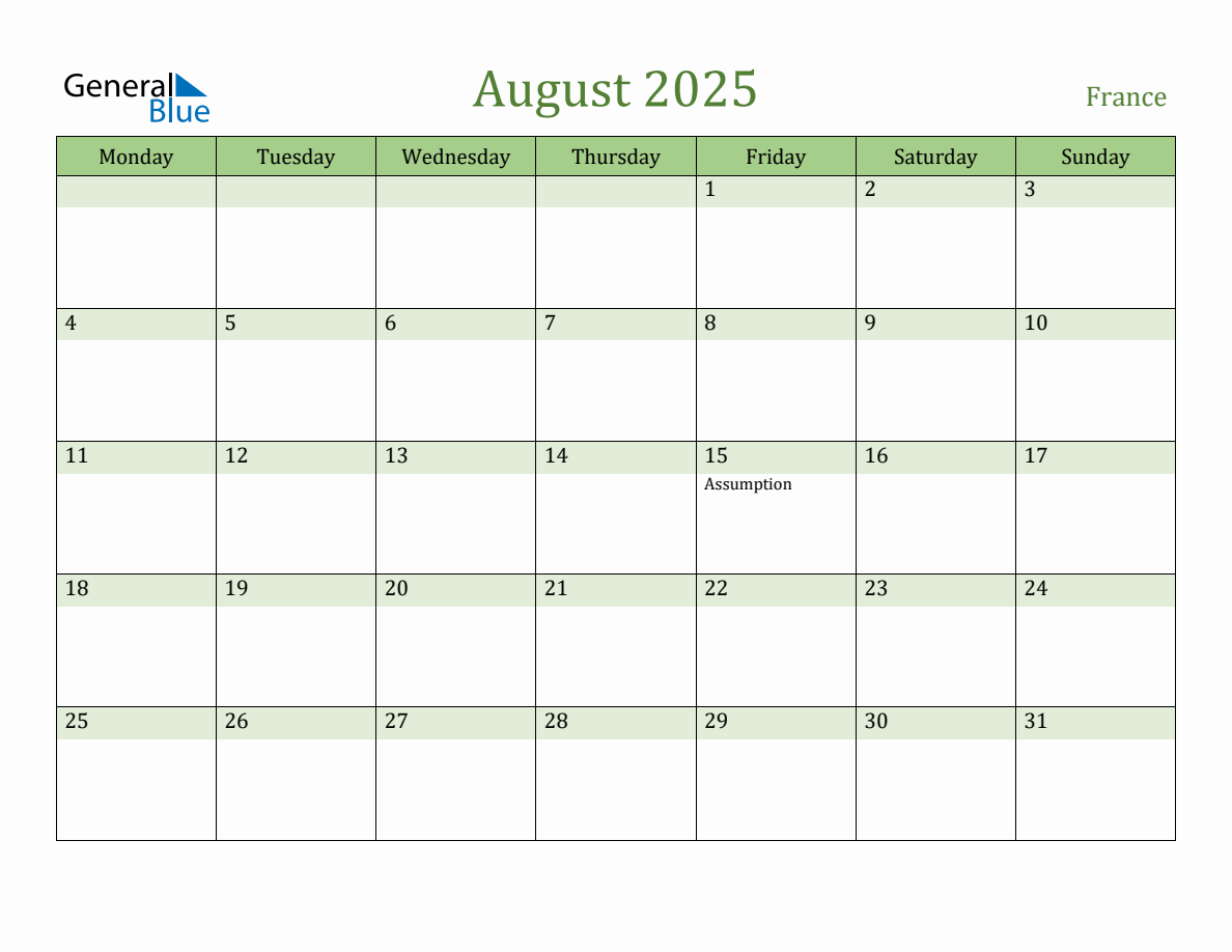 Fillable Holiday Calendar for France August 2025