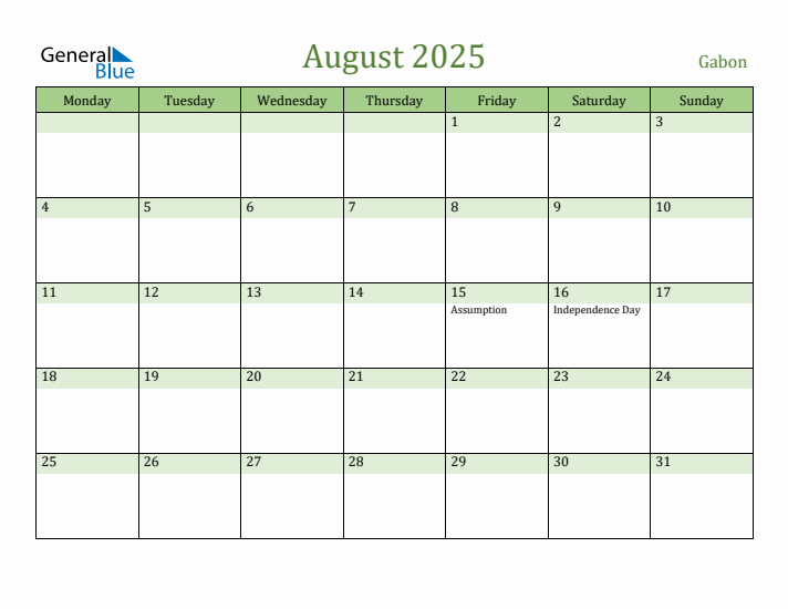 August 2025 Calendar with Gabon Holidays