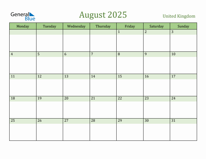 August 2025 United Kingdom Monthly Calendar with Holidays