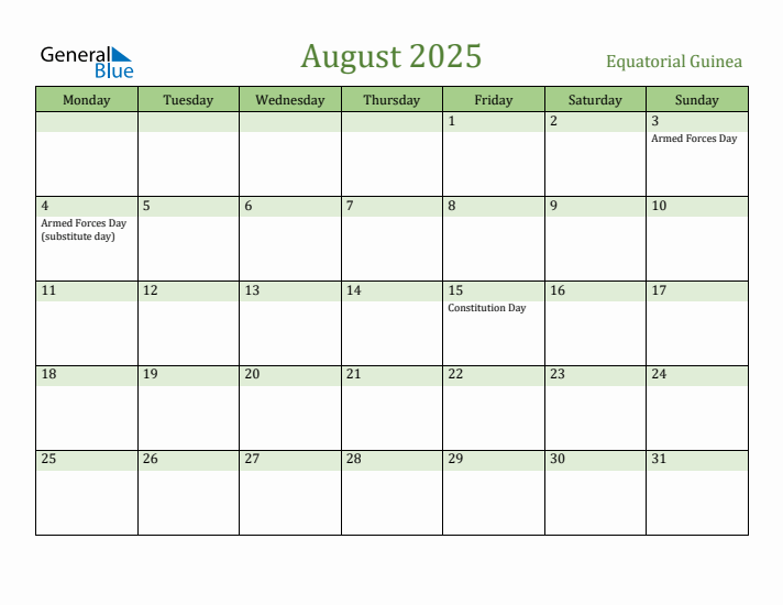 August 2025 Calendar with Equatorial Guinea Holidays