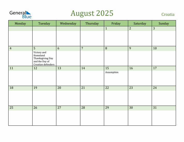 August 2025 Calendar with Croatia Holidays