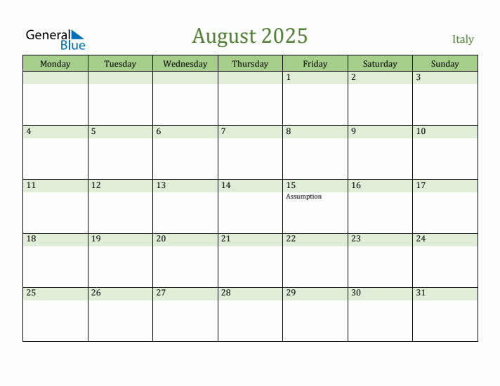August 2025 Italy Monthly Calendar with Holidays