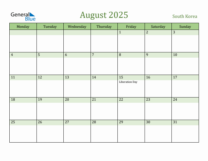 August 2025 Calendar with South Korea Holidays