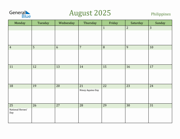 August 2025 Calendar with Philippines Holidays