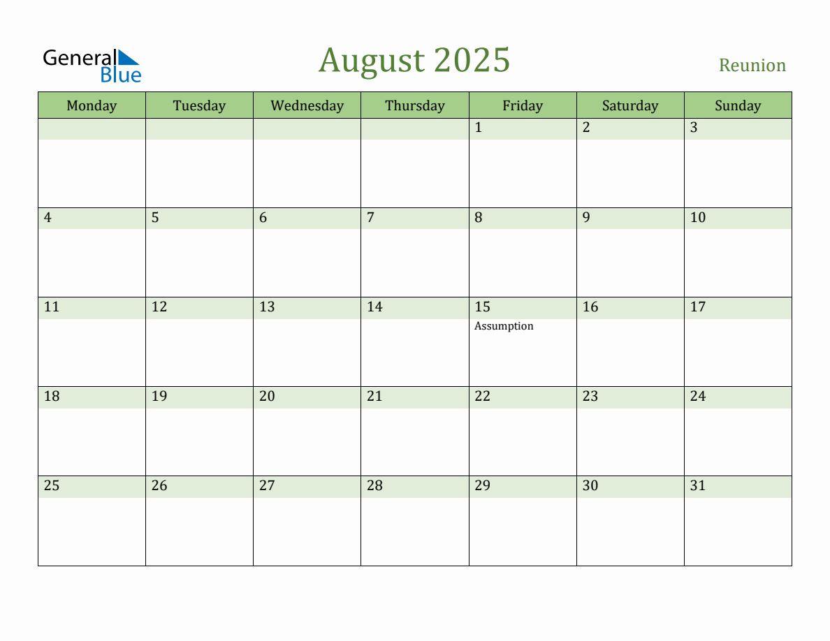 Fillable Holiday Calendar for Reunion August 2025