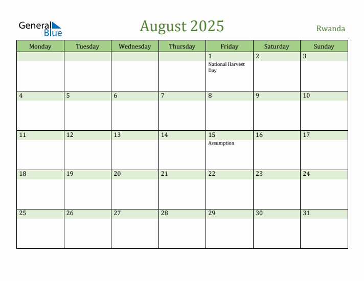 August 2025 Calendar with Rwanda Holidays