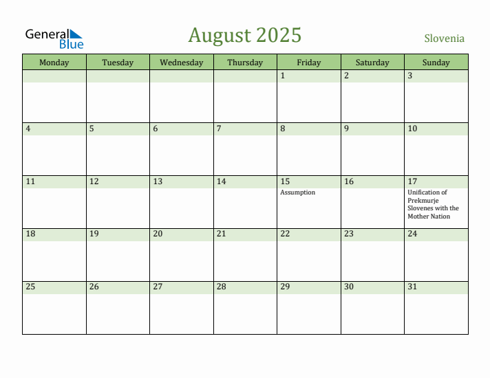 August 2025 Calendar with Slovenia Holidays