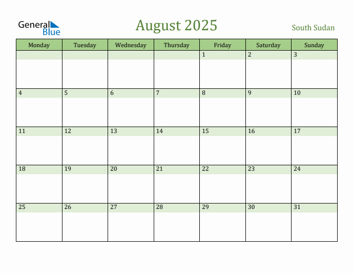 August 2025 Calendar with South Sudan Holidays