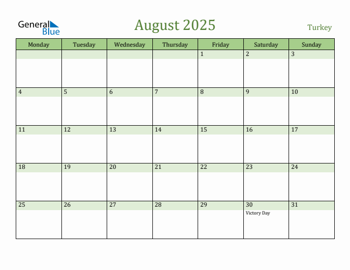 August 2025 Calendar with Turkey Holidays