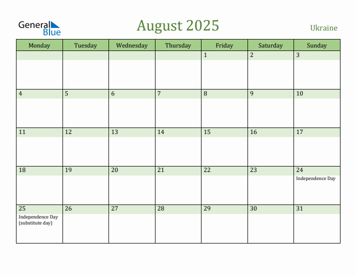 August 2025 Calendar with Ukraine Holidays