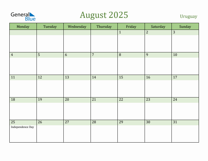 August 2025 Calendar with Uruguay Holidays