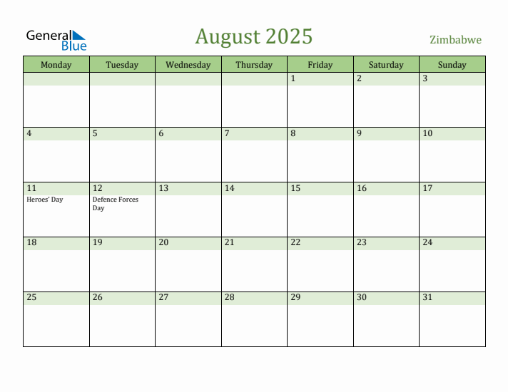 August 2025 Calendar with Zimbabwe Holidays