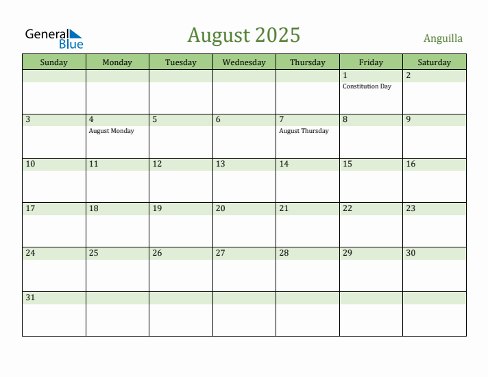 August 2025 Calendar with Anguilla Holidays