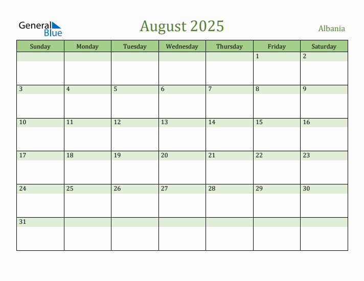 August 2025 Calendar with Albania Holidays