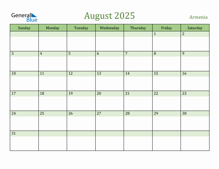 August 2025 Calendar with Armenia Holidays