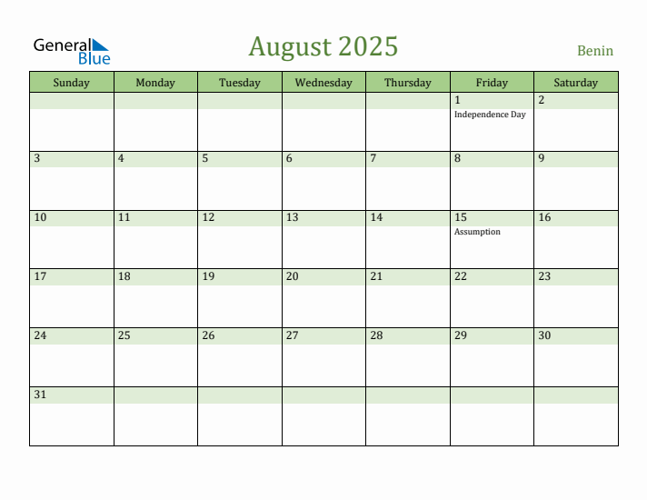 August 2025 Calendar with Benin Holidays