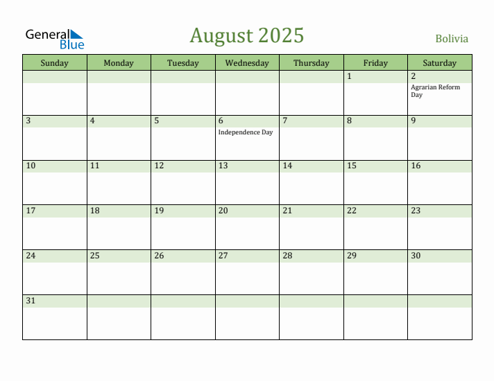 August 2025 Calendar with Bolivia Holidays