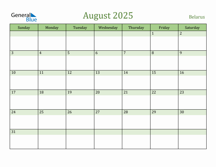 August 2025 Calendar with Belarus Holidays