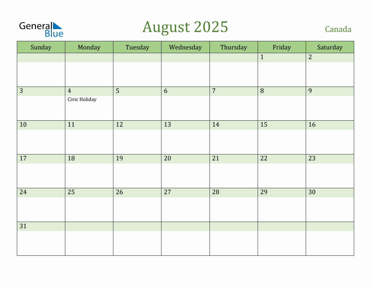 Fillable Holiday Calendar for Canada August 2025