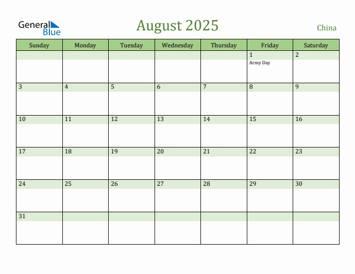 August 2025 Calendar with China Holidays