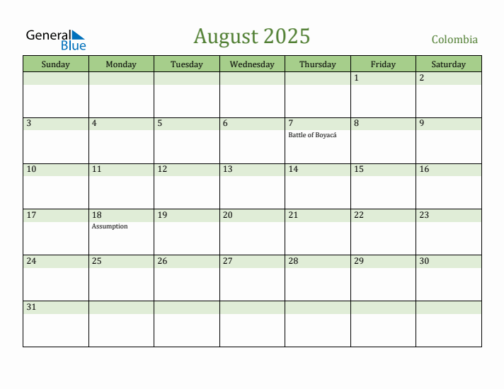 August 2025 Calendar with Colombia Holidays