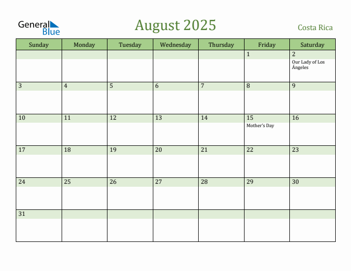 August 2025 Calendar with Costa Rica Holidays