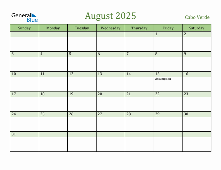 August 2025 Calendar with Cabo Verde Holidays