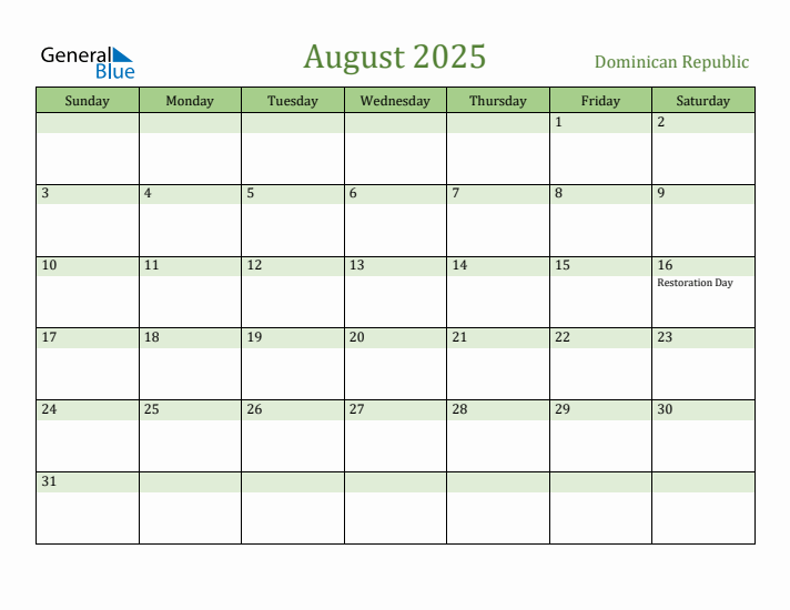 August 2025 Calendar with Dominican Republic Holidays