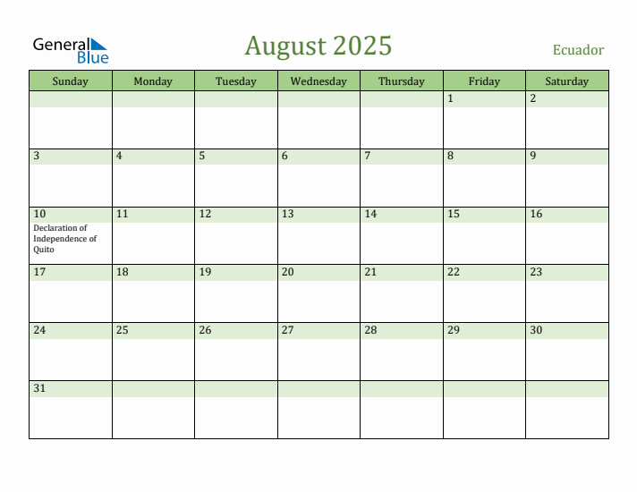 August 2025 Calendar with Ecuador Holidays