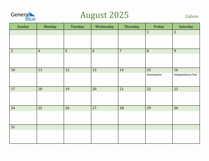 August 2025 Calendar with Gabon Holidays