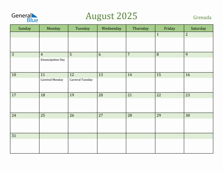 August 2025 Calendar with Grenada Holidays