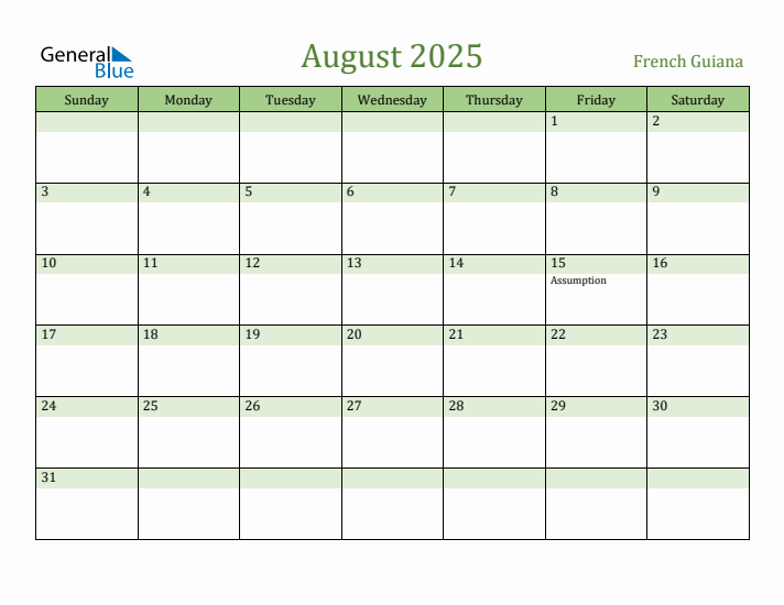 August 2025 Calendar with French Guiana Holidays