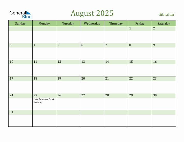 August 2025 Calendar with Gibraltar Holidays