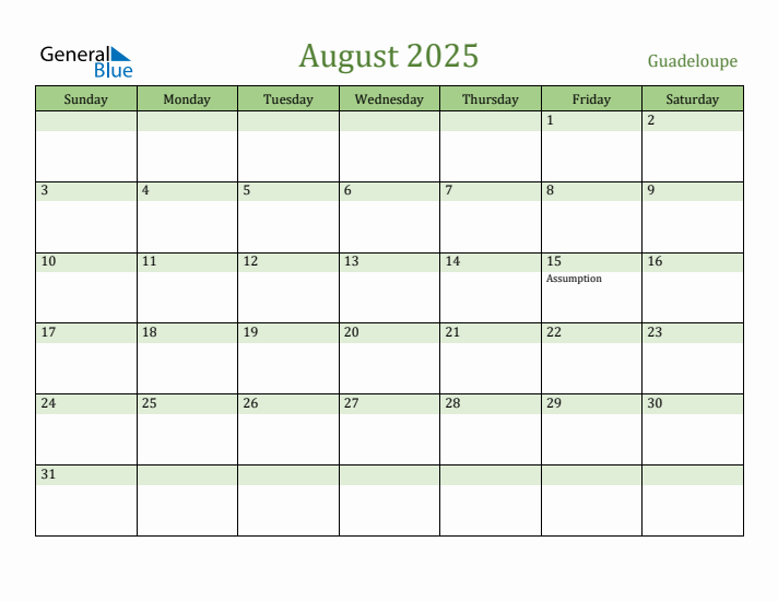 August 2025 Calendar with Guadeloupe Holidays