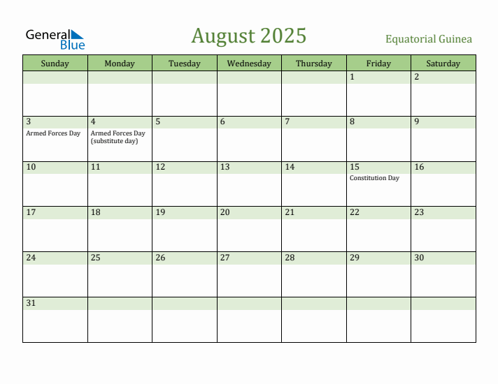 August 2025 Calendar with Equatorial Guinea Holidays