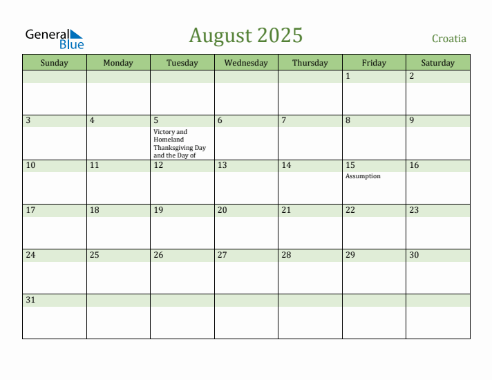 August 2025 Calendar with Croatia Holidays