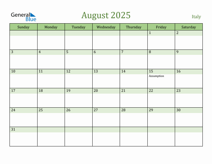 August 2025 Calendar with Italy Holidays