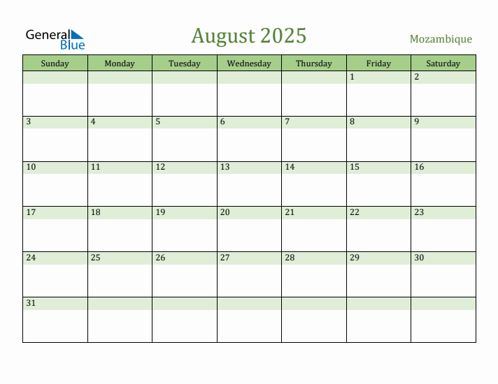 August 2025 Calendar with Mozambique Holidays