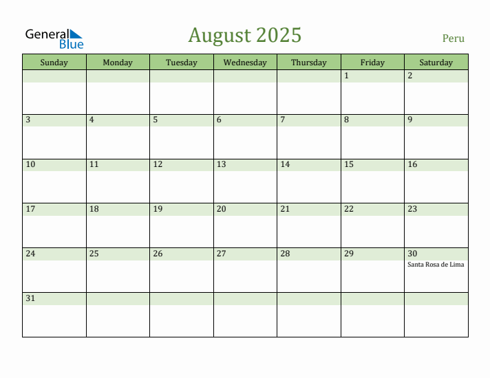 August 2025 Calendar with Peru Holidays