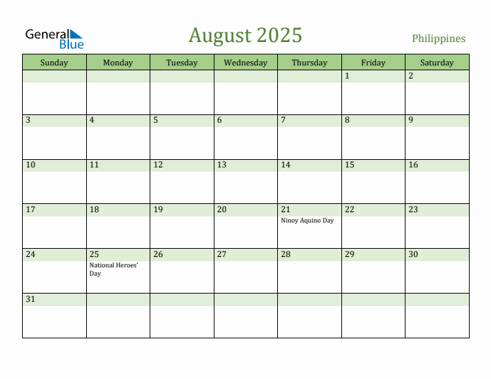 Fillable Holiday Calendar for Philippines August 2025
