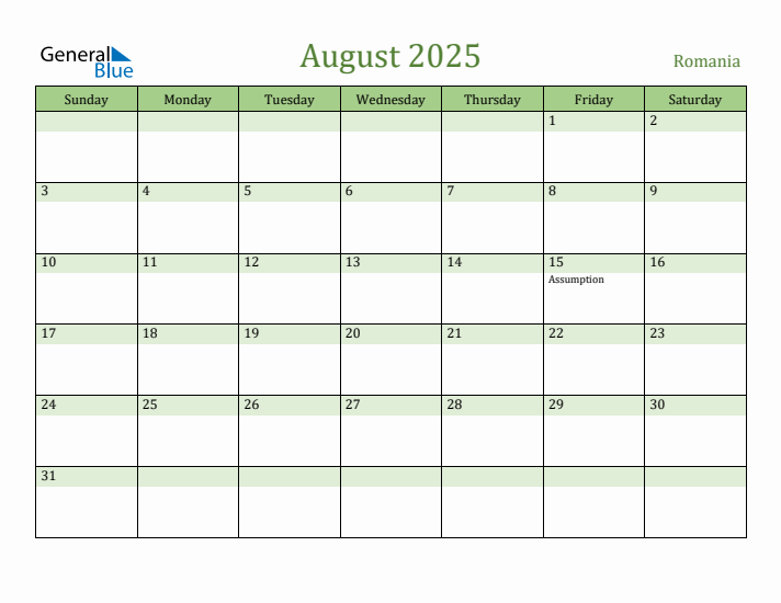 August 2025 Calendar with Romania Holidays