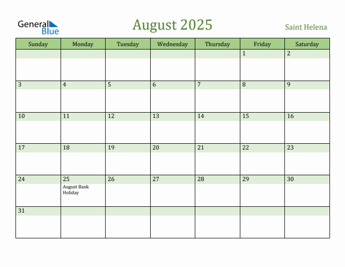 August 2025 Calendar with Saint Helena Holidays